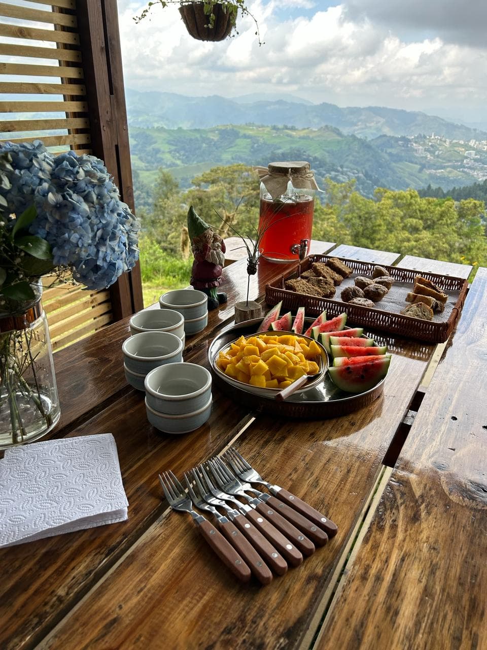 Breakfast spread with Andes view